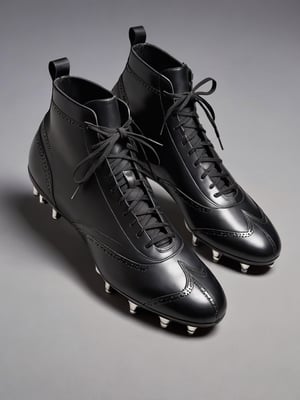 A striking photograph of a cutting-edge soccer cleat that embodies the essence of nu goth fashion. The sleek, all-black design seamlessly merges athleticism with the alternative. The matte black leather upper is soft to the touch yet durable for play, while intricate stitching patterns evoke gothic architecture. Velvet ribbon laces replace traditional laces, drawing inspiration from Victorian mourning attire. Metallic silver studs on the sole contrast with the dark upper, hinting at industrial influences. The cleat's modern silhouette features a pointed toe reminiscent of winklepickers. This is the perfect footwear for those who dare to stand out on the field, blending the rebellious spirit of nu goth with the performance of professional soccer gear.,vlzblnc