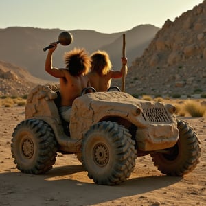 A stunning Hasselblad H6D-100c shot: Rock and Gravel, two cavemen, sit in the Boulder Mobile, a stone car, amidst a barren landscape. Soft, warm light highlights their shaggy hair, obscuring their forms, as one raises a wooden club to power the ancient vehicle. Massive stone wheels and natural textures define the mobile's crude design. Golden lighting accentuates texture, casting long shadows across the rocky terrain, capturing the gritty, prehistoric atmosphere.