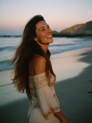 A striking vintage photo of Inprdm in a 3/4 back pose on the beach, embodying a boho-hippie vibe. Her long, flowing hair and luminous smile tell the tale of her laughter. The scene is captured using the legendary Ferrania P30 film, resulting in a deep, nostalgic atmosphere. The smokey eyes make-up stands out against the dimly lit, grainy, and slightly faded backdrop. The hard shadows and harsh camera flash create a dynamic contrast, while the analog film adds a unique texture to this deep, captivating photo reminiscent of a movie still.. grainy kodak film aesthetic, deep depth of field, shadows, desaturated colors. vignette, 35mm look like vintage kodachrome. highly detailed found footage composition.