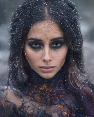 A mysterious individual's inky black hair frames their face as they gaze directly into the lens. A mesmerizing Halloween-inspired makeup design takes center stage, featuring intricate patterns of orange and purple hues, resembling a spider's web. The subject's eyes are adorned with bold, bright blue eyeliner, giving an air of mystique. The framing is tight, focusing attention on the striking facial artistry.