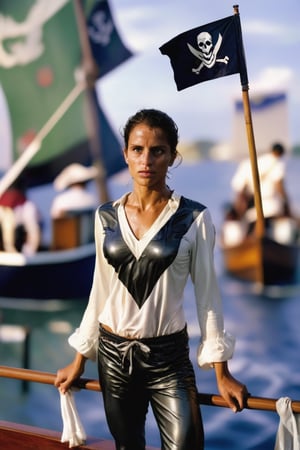 Female rshlf pirate wearing a wet vlzblnc jersey, stands on a boat deck, photo by Steve McCurry