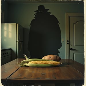  a rustic kitchen table. A corn stalk and sweet potato sit at the center, A shadow of a behemoth, looms over the table . Lit by the open refrigerator's soft glow. The 1919 setting is captured in symmetrical, Polaroid-like fashion, with a dark, noir-inspired tone reminiscent of Martin Ansin's style.