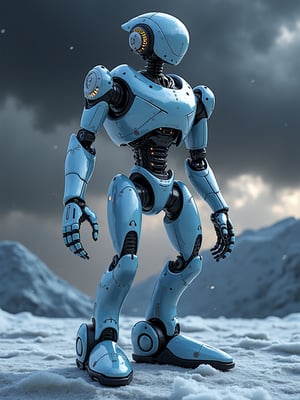 A humanoid robotic android standing on the icy, windswept surface of Neptune, its sleek metallic body reflecting the deep blue of the planet’s atmosphere. The android’s form is highly advanced, with flexible joints and glowing circuitry running along its limbs, designed to withstand the crushing pressure and freezing temperatures. Gale-force winds whip around it, but its stance remains steady, anchored by heavy, magnetized feet. Its glowing, sensor-like eyes scan the horizon, where storm clouds swirl violently in the distance, and methane crystals whip through the air in the relentless wind.