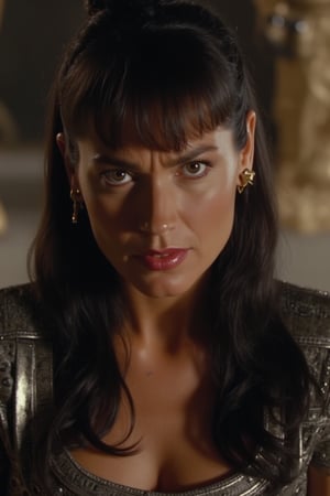 In a soft, diffused light, the Canon EOS R5 captures a cinematic portrait of Dale Arden's intense expression as she confronts Ming the Merciless for the first time. Her wide, determined eyes, framed by dark hair, convey fear and defiance. Softly lit facial features, with a hint of vulnerability, are reflected in her metallic outfit, suggesting elegance and readiness. The blurred throne room background emphasizes Dale's emotions, while the Canon EOS R5's sharp clarity captures every detail of her courageous gaze.