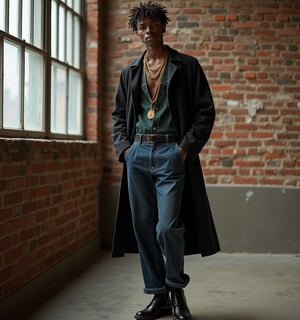 Create a visually striking spread by blending the rough-around-the-edges aesthetic of hip-hop with the traditional craftsmanship and simplicity of Amish culture. Set against an urban backdrop, oversized wool coats, satin vests, and denim trousers meet black leather boots and gold chain necklaces. Natural light pours in through large windows as the model poses against exposed brick walls. Soften shadows to highlight intricate textures and embroidery. Juxtapose the model's relaxed poses with moments of contemplation, reflecting both cultures' values. Incorporate props like handcrafted wooden furniture and modern music elements to create a bold yet harmonious fusion.