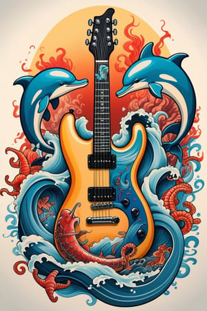  Irezumi style tattoo. intertwines a sleek electric guitar with an undulating ocean sea. The waves flow seamlessly into the guitar's strings, while the guitar's body is adorned with a variety of marine creatures, including dolphins, octopuses, and mermaids. The colors are vibrant and bold, with the deep blues of the ocean contrasting the fiery reds and yellows of the guitar's flames. The overall effect is a striking blend of music, nature, and Japanese tattoo art.,tattoo