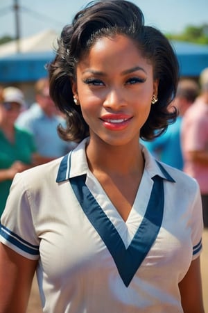 Extremely Realistic Nigerian Girl, wearing a vlzblnc velez sarsfield shirt. winking an eye, standing solo, in Grease, 8k portrait, highly detailed, cinematic, movie still, photo by Neil Leifer, smiling