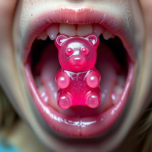 Close-up shot of a bright pink gummy bear suspended within the wet, pink-lined interior of an unsuspecting young girl's open mouth. Soft focus on the surrounding tongue and gums, with shallow depth of field to emphasize the sugary treat's vibrant color and sticky texture.