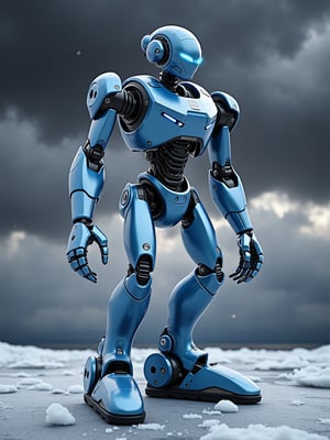 A humanoid robotic android standing on the icy, windswept surface of Neptune, its sleek metallic body reflecting the deep blue of the planet’s atmosphere. The android’s form is highly advanced, with flexible joints and glowing circuitry running along its limbs, designed to withstand the crushing pressure and freezing temperatures. Gale-force winds whip around it, but its stance remains steady, anchored by heavy, magnetized feet. Its glowing, sensor-like eyes scan the horizon, where storm clouds swirl violently in the distance, and methane crystals whip through the air in the relentless wind.