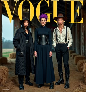 # Amish Punk Magazine Cover Prompt

Create a high-fashion magazine cover showcasing the new "Amish Punk" style:

Layout:
- Vertical format, typical of fashion magazines
- Title at top: "VOGUE" in large, bold typography
- Subtitle: "The Rise of Amish Punk" in smaller, edgy font

Main Image:
- Three models posed in an abandoned barn at twilight
- Fog machine haze for atmospheric effect
- Warm golden lighting with neon pink and green accents

Models and Styling:
1. Center (Modest Mohawk):
   - Woman in floor-length navy dress with asymmetrical hem
   - Black leather corset over dress
   - Detachable bonnet with deep purple mohawk crest
   - Combat boots
   - Positioned slightly forward, gazing directly at camera

2. Left (Quilted Anarchy):
   - Woman in oversized black quilt coat with leather accents
   - Coat pattern subtly incorporates anarchist symbols
   - Spiked mini-bonnet
   - Chunky black boots
   - Turned slightly towards center, profile partly visible

3. Right (Barn Raising Rebel):
   - Man in black suspender pants with Amish fabric patches
   - White button-up with studded collar, sleeves rolled up
   - Distressed wide-brimmed hat with studded band
   - Dark brown work boots
   - Angled towards center, face partially obscured by hat brim

Makeup and Details:
- Minimal base makeup with dramatic eyes
- Subtle neon eyeliner accents (green, pink, blue respectively)
- Focus on texture contrasts: smooth skin, rough leather, soft fabric

Props and Background:
- Visible barn interior with weathered wood and hay bales
- Punk-painted butter churn in foreground
- Modified farm tools (pitchfork with chains) subtly placed

Text Overlays:
- "Tradition Meets Rebellion: Fashion's New Frontier"
- "DIY Punk Meets Amish Simplicity"
- "Modest Mohawks & Quilted Anarchy: Your Guide Inside"

Style and Mood:
- High-contrast, editorial fashion photography
- Blend of rustic textures and sleek, modern elements
- Atmosphere of tension between tradition and defiance

Composition:
- Rule of thirds with models as focal points
- Dynamic poses creating visual interest and flow
- Enough negative space for text without obscuring key style elements