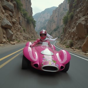 Hasselblad X1D II 50C, soft lighting, vivid colors, ISO 100, with a 50mm prime lens.
A live-action scene featuring **Penelope Pitstop** in her iconic pink race car, the **Compact Pussycat**, speeding through a winding, dangerous mountain road. Penelope is dressed in her signature pink racing suit with a white scarf flowing behind her, and her helmet adorned with goggles. Her car, sleek and stylish, is decked out in vibrant pink with a floral design and chrome accents, exuding elegance and charm.

As the race intensifies, Penelope skillfully navigates the track, her car's sleek engine purring as she gracefully dodges obstacles. The **Compact Pussycat** features lipstick missile launchers and beauty-themed gadgets, ready for any traps along the way. The scene captures the contrast between Penelope’s graceful yet fierce demeanor and the rugged, rocky backdrop. The soft, cinematic lighting highlights her poised confidence, adding a glamorous yet thrilling vibe to the high-speed chase.