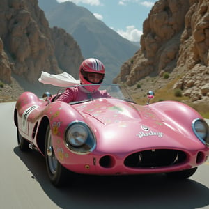 Hasselblad X1D II 50C, soft lighting, vivid colors, ISO 100, with a 50mm prime lens.
A live-action scene featuring **Penelope Pitstop** in her iconic pink race car, the **Compact Pussycat**, speeding through a winding, dangerous mountain road. Penelope is dressed in her signature pink racing suit with a white scarf flowing behind her, and her helmet adorned with goggles. Her car, sleek and stylish, is decked out in vibrant pink with a floral design and chrome accents, exuding elegance and charm.

As the race intensifies, Penelope skillfully navigates the track, her car's sleek engine purring as she gracefully dodges obstacles. The **Compact Pussycat** features lipstick missile launchers and beauty-themed gadgets, ready for any traps along the way. The scene captures the contrast between Penelope’s graceful yet fierce demeanor and the rugged, rocky backdrop. The soft, cinematic lighting highlights her poised confidence, adding a glamorous yet thrilling vibe to the high-speed chase.