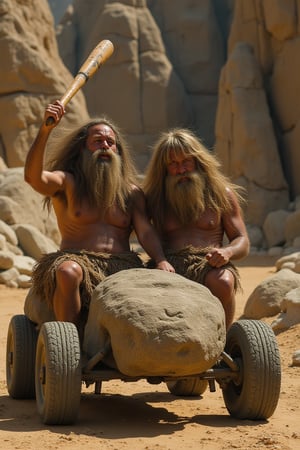 Hasselblad H6D-100c, ultra-realistic detail, soft, warm cinematic lighting, ISO 100, with a 50mm prime lens.
Two cavemen, **Rock and Gravel**, with extremely long, shaggy hair covering nearly their entire bodies, are seated in the **Boulder Mobile**, a prehistoric car made entirely of stone. Their wild, unkempt hair flows over their faces and animal-skin loincloths, obscuring most of their forms beneath thick, unruly locks. One caveman raises a large wooden club high above his head, ready to strike the stone car to power it forward.

The **Boulder Mobile** features massive stone wheels and a crudely carved stone body, rough with natural textures. The prehistoric landscape behind them is rocky and barren, with towering boulders, dusty terrain, and a warm, golden light that casts long shadows across the scene. The lighting accentuates the ultra-realistic detail, focusing on the texture of their long hair, the rough stone of the car, and the animal skins. The scene captures the gritty, ancient feel of a prehistoric world, blending humor and realism with a rich cinematic atmosphere.