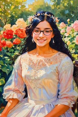  sk3tch of the (full body:1.5) of a beautiful 15 years old white girl with straight black hair wearing glasses,v0ng44g (by Alyssa Monks:1.1), by Joseph Lorusso, by Lilia Alvarado, smiling happy, wearing a tiara and a quinceañera dress, sitting on a garden full of flowers on a sunny day,  sharp focus, 8k, high res, (pores:0.1), (sweaty:0.8), Masterpiece,
