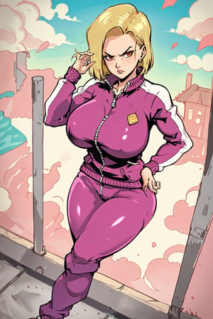 Very White pale skin "android 18" with voluptuous  body with wide hips and  thick thighs, angry face, wearing heavy makeup, blonde short hair, big breasts, wearing a "fuchsia track suit jacket open" and "fuchsia long sleeves track long pants" with white line across the sleeves, bursting breasts, pants pulled down, Amateur photo, best quality, (totally unaware:1.1), detailed body, detailed skin, from above ,1 girl, on the kame island with the kame house of dragon ball behind,photorealistic,studio_ghibli_anime_style style,redshift style,dreamlikeart,girl