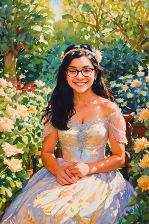  sk3tch of the (full body:1.5) of a beautiful 15 years old white girl with straight black hair wearing glasses,v0ng44g (by Alyssa Monks:1.1), by Joseph Lorusso, by Lilia Alvarado, smiling happy, wearing a tiara and a quinceañera dress, sitting on a garden full of flowers on a sunny day,  sharp focus, 8k, high res, (pores:0.1), (sweaty:0.8), Masterpiece,