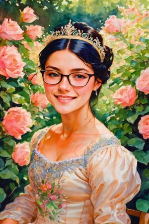  sk3tch of the (full body:1.5) of a beautiful 15 years old white girl with straight black hair wearing glasses,v0ng44g (by Alyssa Monks:1.1), by Joseph Lorusso, by Lilia Alvarado, smiling happy, wearing a tiara and a quinceañera dress, sitting on a garden full of flowers on a sunny day,  sharp focus, 8k, high res, (pores:0.1), (sweaty:0.8), Masterpiece,