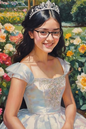  sk3tch of the full body of a beautiful 15 years old white girl with straight black hair wearing glasses,v0ng44g (by Alyssa Monks:1.1), by Joseph Lorusso, by Lilia Alvarado, smiling happy, wearing a tiara and a quinceañera dress, sitting on a garden full of flowers on a sunny day,  sharp focus, 8k, high res, (pores:0.1), (sweaty:0.8), Masterpiece,