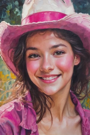  sk3tch of the waist up of a beautiful 14 years old woman,v0ng44g (by Alyssa Monks:1.1), by Joseph Lorusso, by Lilia Alvarado, smiling happy, wearing a white cowboy hat and a Fuchsia skin thight spandex lingerie,beautiful lighting, sharp focus, 8k, high res, (pores:0.1), (sweaty:0.8), Masterpiece,
