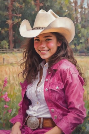  sk3tch of the full body of a beautiful 14 years old woman,v0ng44g (by Alyssa Monks:1.1), by Joseph Lorusso, by Lilia Alvarado, smiling happy, wearing a white cowboy hat and a Fuchsia cowgirl outfit, sharp focus, 8k, high res, (pores:0.1), (sweaty:0.8), Masterpiece,