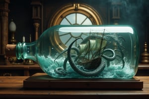 a large glass cider bottle laying on its side with a cork in it, sitting in a wooden cradle, the scene contained inside the bottle is of a tall ship in rough seas getting attacked by a detailed giant kraken with its many detailed tentacles wrapping around the ship, the bottle is in front of a round brass portal window on a dark wooden table, 8k resolution, cinematic, lightning,Midjourney style