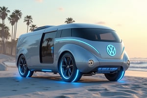 Detailed redesigned futuristic concept take on a retro futuristic 2050 VW camper flying hover van that which is longer and wider it has blue glowing antigravity pads under vehicle instead of tires and it's hovering 4'ft above the ground,  on the beach with palm trees in the background 3D Game Cinematic Feel, Epic 3D Videogame Graphics, Intricately Detailed, 8K Resolution, Dynamic Lighting, Unreal Engine 5, CryEngine, masterpiece,best quality,official art, extremely detailed CG unity 8k wallpaper,absurdres,8k resolution,Cinematic Lighting