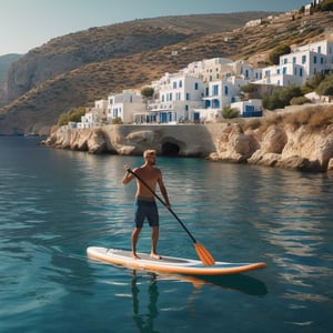 A blond man paddle boarding facing forward in Greece along the coast, Greek houses on the hillside, wide shot, photorealistic, cinematic, 8k wallpaper ,Extremely Realistic