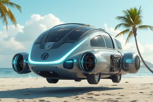 Detailed redesigned futuristic concept take on a retro futuristic 2050 VW camper flying hover ship that doesn't have tires instead it has blue glowing antigravity pads underneath the ship , it's hovering 4'ft above the ground,  on the beach with palm trees in the background 3D Game Cinematic Feel, Epic 3D Videogame Graphics, Intricately Detailed, 8K Resolution, Dynamic Lighting, Unreal Engine 5, CryEngine, masterpiece,best quality,official art, extremely detailed CG unity 8k wallpaper,absurdres,8k resolution,Cinematic Lighting, no tires