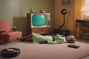 Scene of a 1950's livingroom with  an alien standing with a rubber housewife suit is laying collapsed in a pile flat on the floor, a retro tv and radio console in the background, Photorealistic, cinematic, 8k wallpaper 