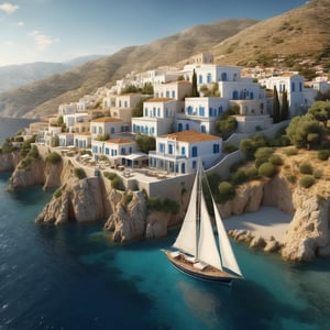 A large sailboat sailing in Greece along the coast, Greek style stucco houses on the hillside down to the water, wide airial shot, photorealistic, cinematic, 8k wallpaper ,Extremely Realistic,in the style of LeCinematique