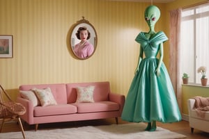 Scene of a 1950's livingroom with an alien hanging up a flat deflated life sized housewife blowup doll folded in half on a hanger, Photorealistic, cinematic, 8k wallpaper 