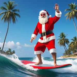 Santa in red shorts hydrofoil surfing, beach with palm trees in the background, Photorealistic, cinematic, 8K wallpaper,christmas,SANTA CLAUS