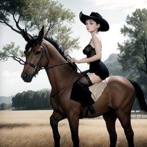 Detailed vintage image of Audrey Hepburn wearing lingerie and a cowboy hat riding a hoarse bareback across a field, trees in background, photorealistic, 8k wallpaper, full body view, cinematic 