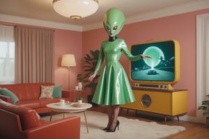 Scene of a 1950's livingroom with an alien taking off a latex human housewife costume , Photorealistic, cinematic, 8k wallpaper 