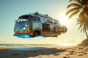 A concept retro-futuristic VW camper van style flying hover craft soars above the sandy beach, its blue glowing antigravity pads aglow underneath as it hovers 4 feet off the ground. Palm trees sway gently in the background, their leaves rustling softly in the breeze. The ship's gleaming metallic surface reflects the warm sunlight, while dynamic lighting casts a radiant glow on the surrounding environment. Intricate details and textures abound, from the ship's vintage-inspired dashboard to the beach's fine grains of sand. In this 3D cinematic masterpiece, Unreal Engine 5 or CryEngine brings the scene to life with unparalleled 8K resolution.