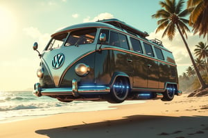 A concept retro-futuristic VW camper van style flying hover craft soars above the sandy beach, its 4 blue glowing antigravity pads aglow underneath as it hovers 4 feet off the ground. Palm trees sway gently in the background, their leaves rustling softly in the breeze. The ship's gleaming metallic surface reflects the warm sunlight, while dynamic lighting casts a radiant glow on the surrounding environment. Intricate details and textures abound, from the ship's vintage-inspired dashboard to the beach's fine grains of sand. In this 3D cinematic masterpiece, Unreal Engine 5 or CryEngine brings the scene to life with unparalleled 8K resolution.