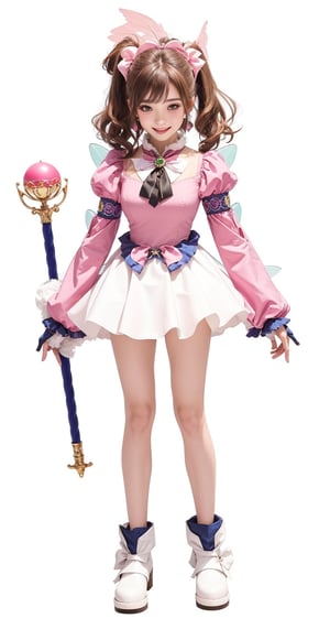 a photo of a 14-year-old magical girl whit light brown hair wearing a pink dress with 3 green gemstones and blue details standing holding her wand, ray tracing, Realistic, Realistic, Dramatic, 14-year-old girl, 1girl, Corrector Yui, bare legs, hair light browns, antenna hair, brown eyes, pink highlighted sleeves, Juliet sleeves, pink dress, green brooch, smiling, blue wand with two red spheres at each end, showing teeth, Standing, wavy hair, fringes, jewelries, big breasts, Looking at the Viewer, magical girl, pink skirt , medium hair, skirt, smile, alone, fairy wings, gloves, earpiece, long sleeves, miniskirt, short dress, thigh highs, thick tighs, blue wand, holding the wall, ankle boots, wings, white bow, white bow tie, gloves white, puffy sleeves, plain background, white background, full body