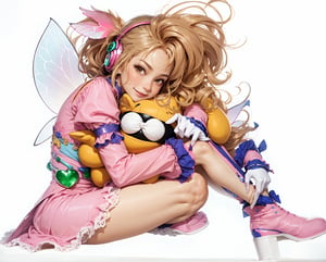 a photo of a magical 14 year girl wearing a pink dress with green gems and blue details sitting hugging her stuffed animal, Ray tracing, realistic, realistic, dramatic, dinamic pose, 14 year old girl, 1girl, Corrector Yui, bare legs, light brown hair, antenna hair, brown eyes, detached pink sleeves, juliet sleeves, pink dress, green brooch, smiling, showing teeth, sitting, wavy hair, fringes, jewelry, large breasts, looking at the viewer, magical girl, pink skirt, medium hair, skirt, serious expression, solo, fairy wings, gloves, headset, long sleeves, miniskirt, short dress, thighs, thick tighs, blue wand, holding wand, ankle boots, wings, white bow, white bowtie, white gloves, puffy sleeves, simple vackground, white background, full body