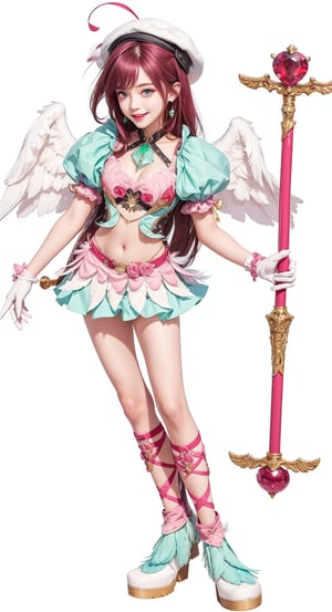 a photo of a 14-year-old girl standing holding her staff with her left hand wearing her light emerald outfit with some pink details and some white feathers, Ray tracing, realistic, dramatic, 14 year old girl, 1girl, smiling, solo, tiny angel wings, burgundy hair, fringes, bangs, Corrector Yui, smile, white headset, blue eyes, closed mouth, cinematic light, high contrast, feathered wings, feathers, beret with two wings on each side, jewelry, long hair, midriff, light violet top, navel, pink staff with two red gems on each end, pink wand with two red gems on each end, emerald puff shoulder pads, two gems on each side of the abdomen, purple wrist white gloves, pink leg ribbon,emerald skirt with several long feathers, cinematic angle, cinematic scene, masterpiece, thights, two long bangles, beautiful detailed face, best quality, highres, high detail, standing, full body, white background, simple background, m4d4m,Realism,Vampirella,Purgatori,march 7th \(honkai: star rail\),westworld,