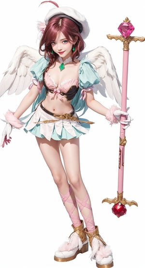 a photo of a 14-year-old girl standing holding her staff with her left hand wearing her light emerald outfit with some pink details and some white feathers, Ray tracing, realistic, dramatic, 14 year old girl, 1girl, smiling, solo, tiny angel wings, burgundy hair, fringes, bangs, Corrector Yui, smile, white headset, blue eyes, closed mouth, cinematic light, high contrast, feathered wings, feathers, beret with two wings on each side, jewelry, long hair, midriff, navel, pink staff with two red gems on each end, pink wand with two red gems on each end, emerald puff shoulder pads, two gems on each side of the abdomen, purple wrist white gloves, pink leg ribbon,emerald skirt with several long feathers, cinematic angle, cinematic scene, masterpiece, thights, two long bangles, beautiful detailed face, best quality, highres, high detail, standing, full body, white background, simple background, m4d4m,Realism,Vampirella,Purgatori,march 7th \(honkai: star rail\),westworld,