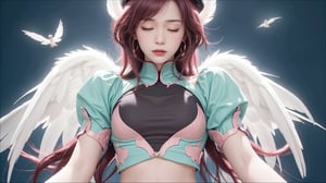 a photo of a 14-year-old girl standing, Ray tracing, realistic, dramatic, 14 year old girl, 1girl, solo, henshin, large pink wristwatch on right hand, tiny angel wings, burgundy hair, fringes, bangs, Corrector Yui, serious expression, closed eyes, closed mouth, transformation, cinematic light, strong lighting, high contrast, feathered wings, feathers, beret with two wings on each side, jewelry, long hair, midriff, navel, emerald puff shoulder pads, two gems on each side of the abdomen, moving hair, cinematic angle, cinematic scene, masterpiece, two long bangles, beautiful detailed face, best quality, highres, high detail, blue abstract background, simple background, m4d4m,Realism,Vampirella,Purgatori,march 7th \(honkai: star rail\),westworld,