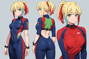 "A character turnaround of a a 16 year girl wearing a blue aerobics clothes, 1girl, multicolored hair, blonde hair, two long red bangs, hair up to the neck, green eyes, smile, blue bodysuit, spiked bracelet, sport snickers, thunder drawn on clothes.", "Multiple views of the same character in the same outfit."

