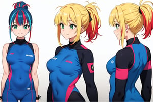 "A character turnaround of a a 16 year girl wearing a blue aerobics clothes, 1girl, multicolored hair, blonde hair, two long red bangs, hair up to the neck, green eyes, smile, blue bodysuit, spiked bracelet, sport snickers, thunder drawn on clothes.", "Multiple views of the same character in the same outfit.", fullbody

