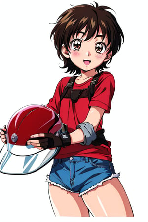 a drawing of a 11 year old boy with a red shirt holding his removed red skater helmet with his two hands,Ray Tracing, realistic, dramatic, by Hanabusa Itchô, 1boy, blue_shorts, blush, smile, open_mouth, brown_eyes, brown_hair, shota, twink, male_femboy, otoko_no_ko, cowboy_shot, seductive_smile, young, moe, halfbody, denim, denim_shorts, thick_thighs, sensual, bulge, fingerless_gloves, gloves, headwear_removed, holding, looking_at_viewer, open_mouth, shirt, short_hair, micro_shorts, shorts, simple_background, smile, solo, white_background
