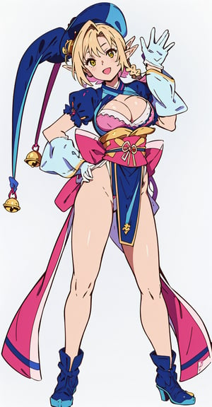 Elf Girl with her right hand on her hips and waving with her left hand, blue outfit with white details, blonde hair, long hair, bangs, tied hair, golden eyes, smiling, open mouth, obi, hot pink obi, short puffy blue sleeves, puffy sleeves, short sleeves, bell hanging above breasts, hat, blue jester cap with gold bells on both ends, no-bra, big breasts, enourmous breasts, big tits, cleavage, revealing clothes, covered nipples, bare hips, red thong, white gloves, white fingerless gloves, White-armed guards, hot pink sash, blue pelvic curtain, large pink bow with a blue band at each end attached to the hips, looking at the viewer, Style of Masami Oobari, elf girl, Studio Gainax Illustration, Studio Gainax Art, original character, simple background, white background,doitstyle