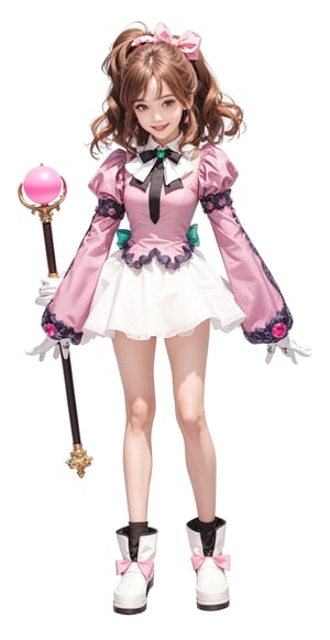 a photo of a 14-year-old magical girl whit light brown hair wearing a pink dress with 3 green gemstones and blue details standing holding her wand, ray tracing, Realistic, Realistic, Dramatic, 14-year-old girl, 1girl, Corrector Yui, bare legs, light brown hair, antenna hair, loose hair, no ornaments on the hair, brown eyes, pink highlighted sleeves, Juliet sleeves, pink dress, green brooch, smiling, blue wand with two red spheres at each end, showing teeth, Standing, wavy hair, fringes, jewelries, big breasts, Looking at the Viewer, magical girl, pink skirt , medium hair, skirt, smile, alone, fairy wings, gloves, earpiece, long sleeves, miniskirt, short dress, thigh highs, thick tighs, blue wand, holding the wall, ankle boots, wings, white bow, white bow tie, gloves white, puffy sleeves, plain background, white background, full body