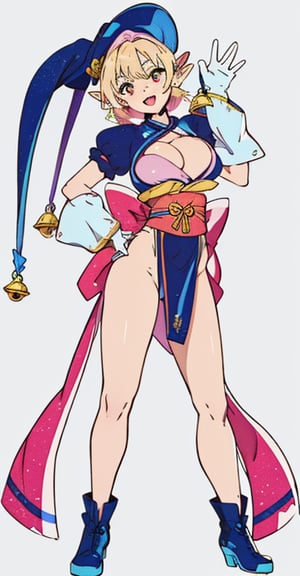 Elf Girl with her right hand on her hips and waving with her left hand, blue outfit with white details, blonde hair, long hair, bangs, tied hair, golden eyes, smiling, open mouth, obi, hot pink obi, short puffy blue sleeves, puffy sleeves, short sleeves, bell hanging above breasts, hat, blue jester cap with gold bells on both ends, no-bra, big breasts, enourmous breasts, big tits, cleavage, revealing clothes, covered nipples, bare hips, red thong, white gloves, white fingerless gloves, White-armed guards, hot pink sash, blue pelvic curtain, large pink bow with a blue band at each end attached to the hips, looking at the viewer, Style of Masami Oobari, elf girl, Studio Gainax Illustration, Studio Gainax Art, original character, simple background, white background,doitstyle