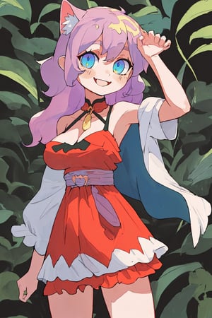 masterpiece, 8k, (best quality, masterpiece), 1girl, standing, upper body, cat ear, paw pose, curly hair, fang, off shoulder, heterochromia, smile, bent over, freckles, blush, skirt, large breasts, kneehighs, looking at viewer, (((Huge breasts :1.5, and droopy breasts:1.5)))