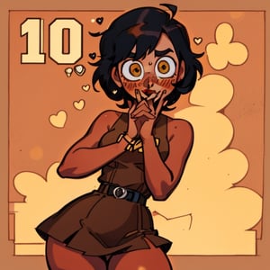 (Perfect body), Best Quality, (blush), (short hair), Dark Skin,  ((thick thighs)),  Tomboy,  shy,  freckles,  black hair,  brown eyes,  tan skin, veronica,  cover,  good fingers,  good hands, best eyes, round pupil, hearts, nervous, yellow dress, retro,1990s \(style\)