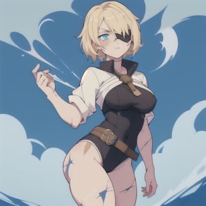 (Perfect body), Best Quality, ((Short Hair)), (blonde hair), blue eyes, face scars, ((body scars)), ((thick thighs)),  good fingers,  good hands, best eyes, round pupil, female_solo, ((tired)), glare, (((left eyepatch))),